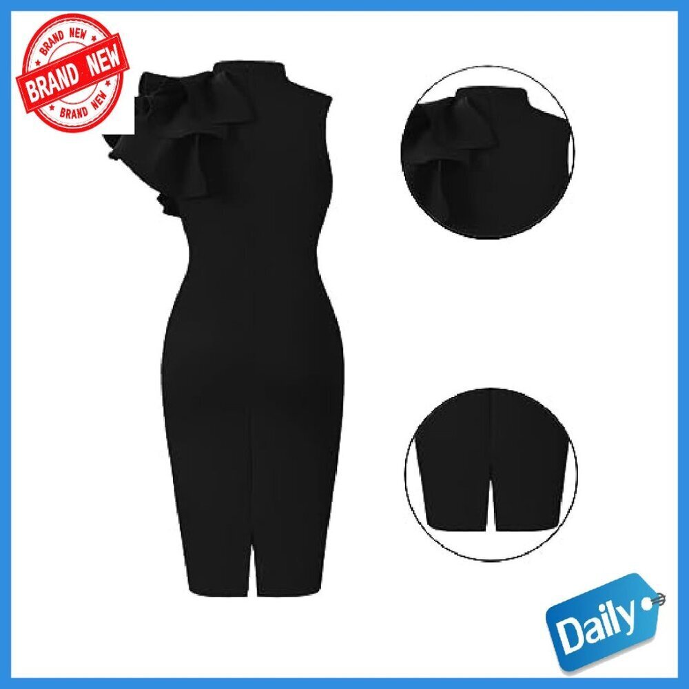 Women's Cocktail Bodycon Ruffle Sleeveless Midi Pencil Dress - Picture 4 of 8